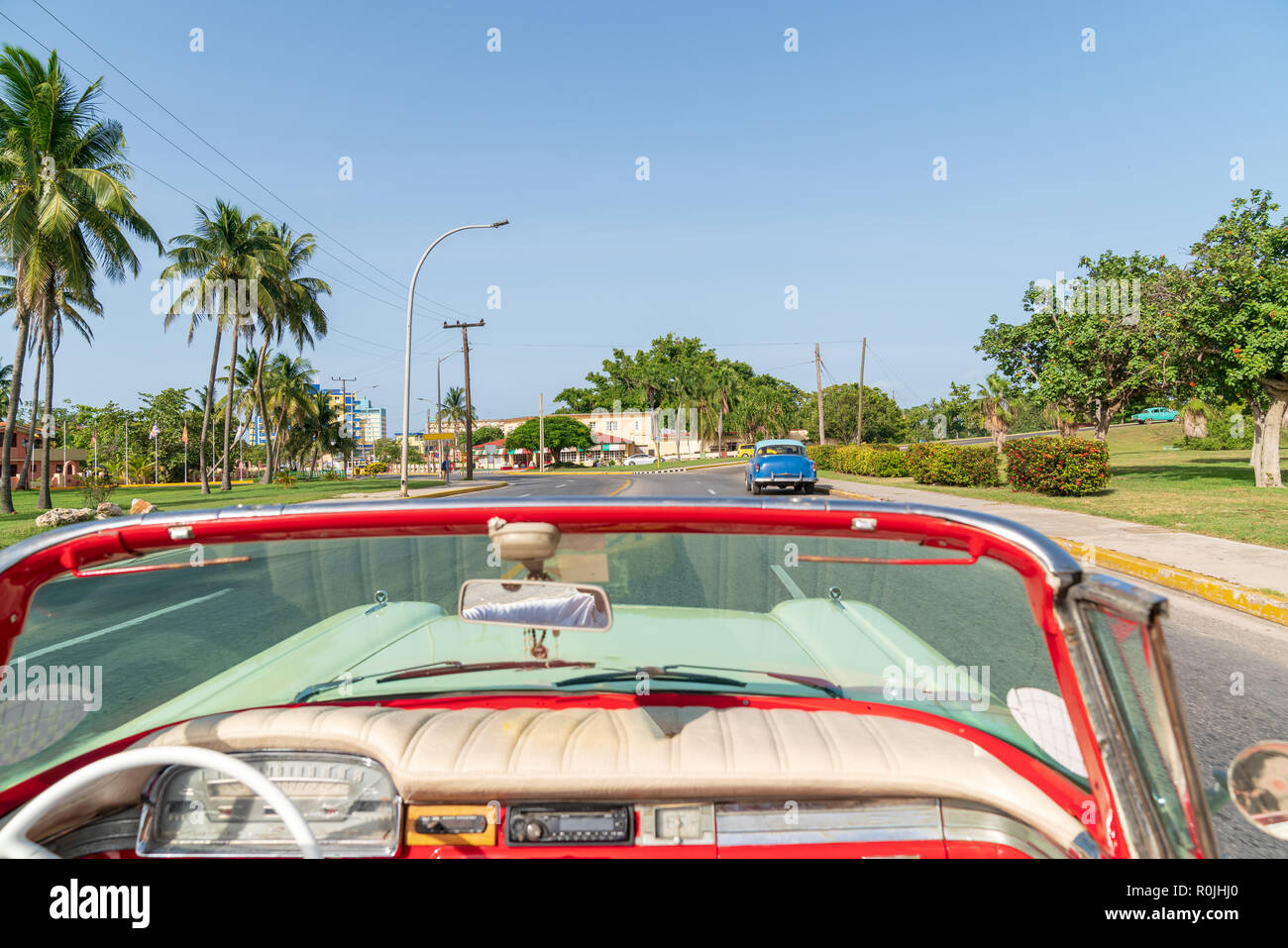 Cuba Varadero, inside an old vintage classic american car, view of cityscape sunny day. Stock Photo
