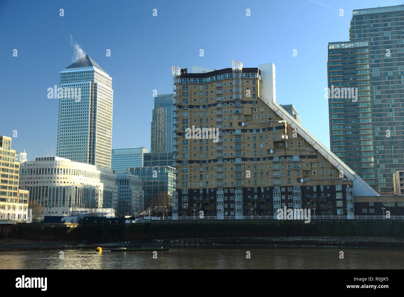 View of Canary Wharf from river Thames, London, UK. Stock Photo