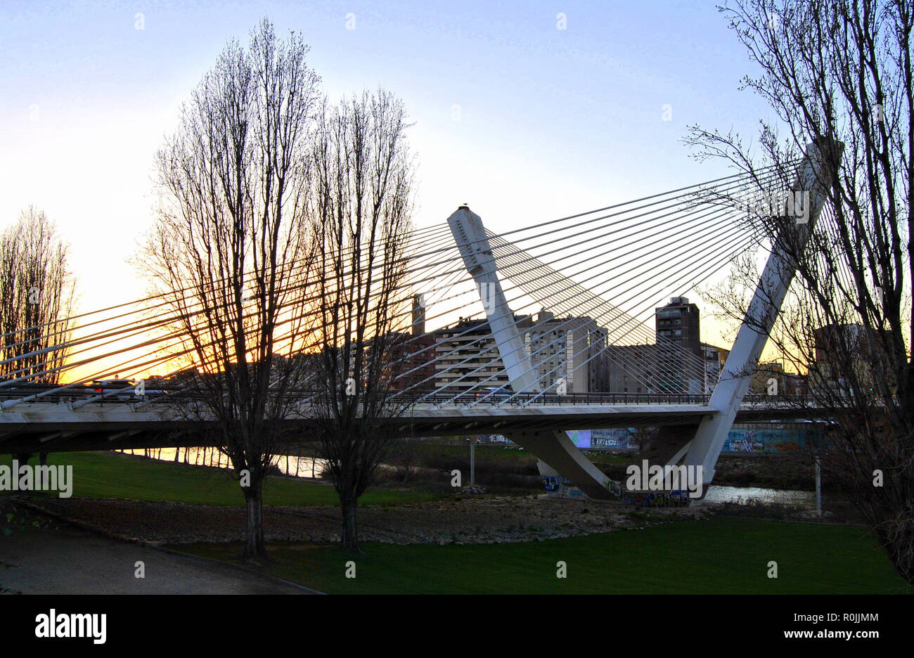 La Seu Vella de Lleida from Princep de Viana bridge. Modern architecture. Stock Photo