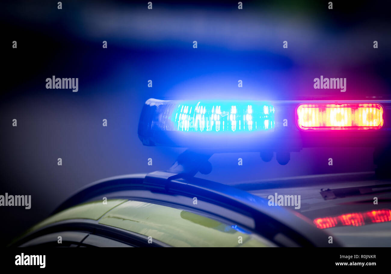 UK Police car lights flashing at a crime scene Stock Photo Alamy