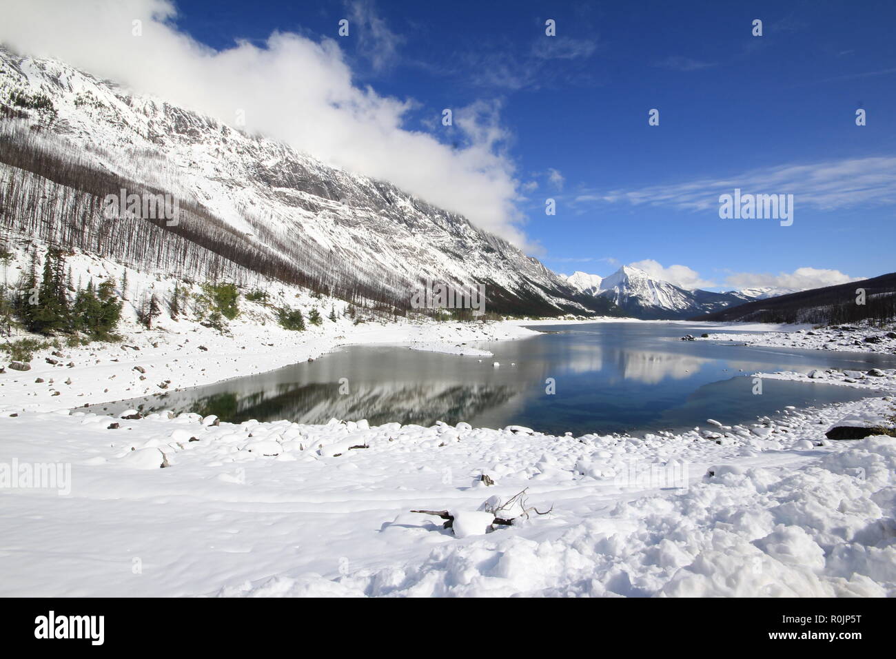 Tranquility Medicine Lake Winter Scene after snow storm in Jasper