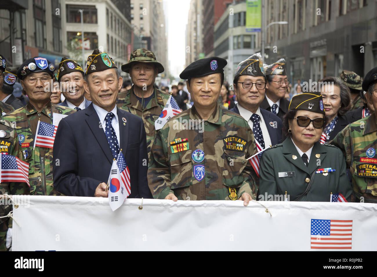 Korean Day Parade in New York City Passes through midtown Manhattan along 6th Avenue into Korea Town at West 32nd Street. Korean American Vietnam Veterans proudly march in the parade. Stock Photo