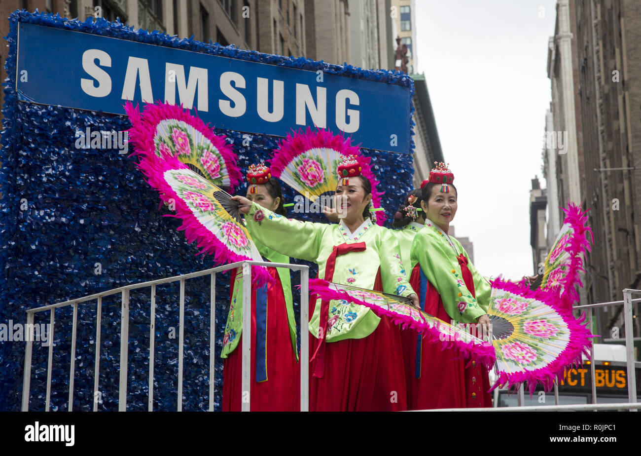 Korean Day Parade in New York City Passes through midtown Manhattan along 6th Avenue into Korea Town at West 32nd Street. Samsung Corp.sponsors a float at the parade. Stock Photo