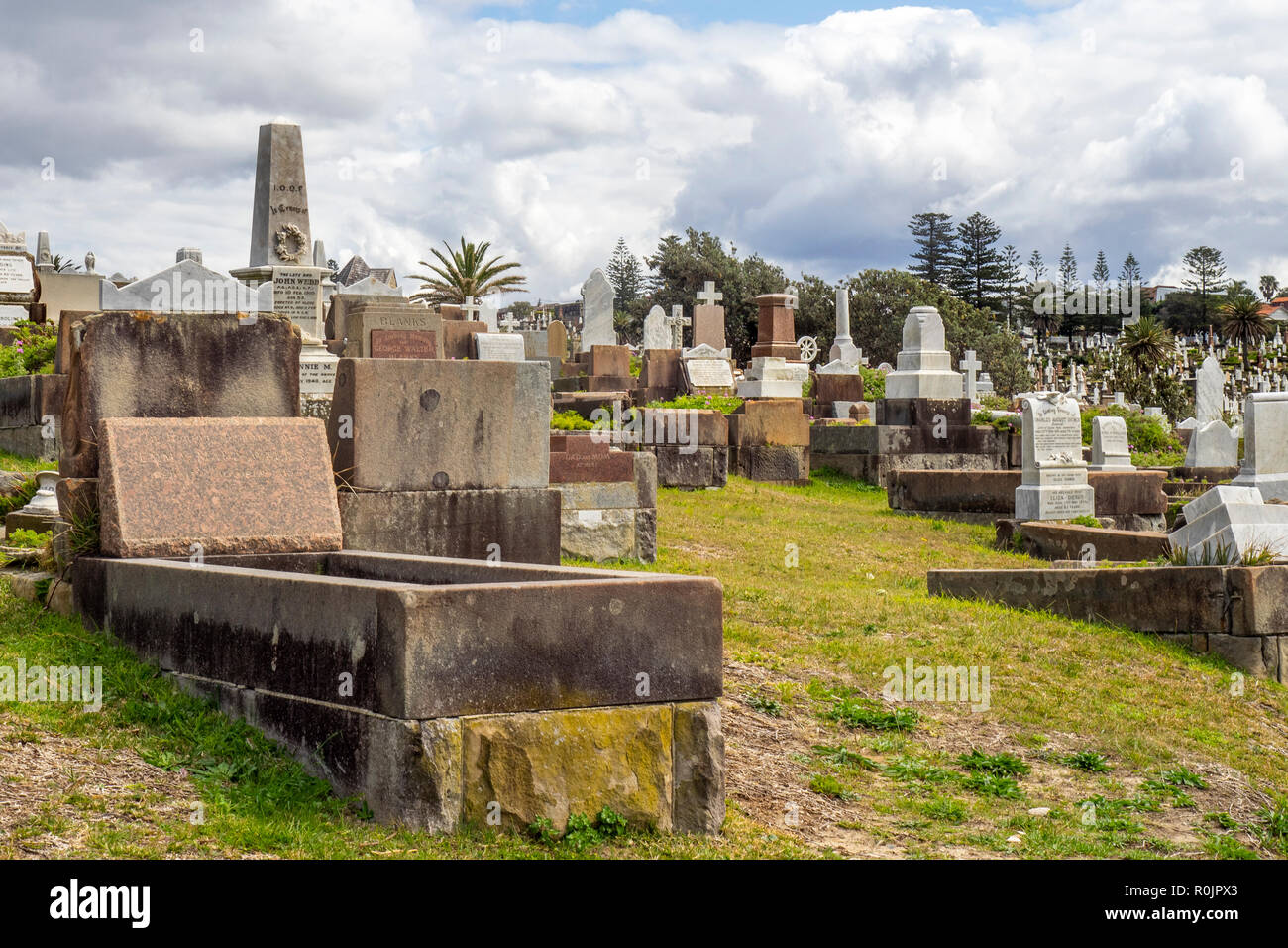 Marble headstones and graves at Waverley Cemetery Bronte Sydney NSW Australia. Stock Photo