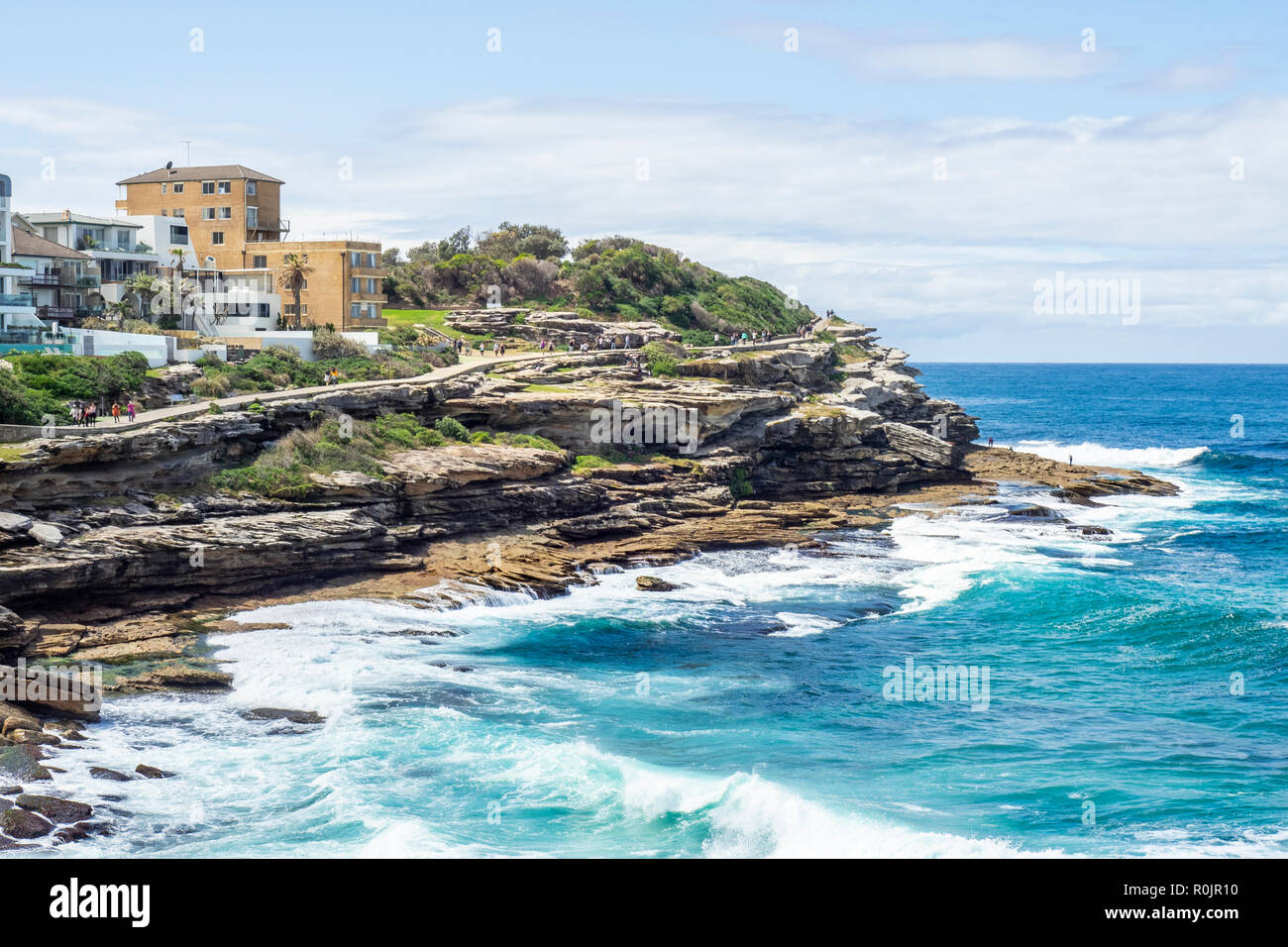 Bondi to Coogee coastal walk at Tamarama Rocks Pacific Ocean Sydney NSW Australia. Stock Photo