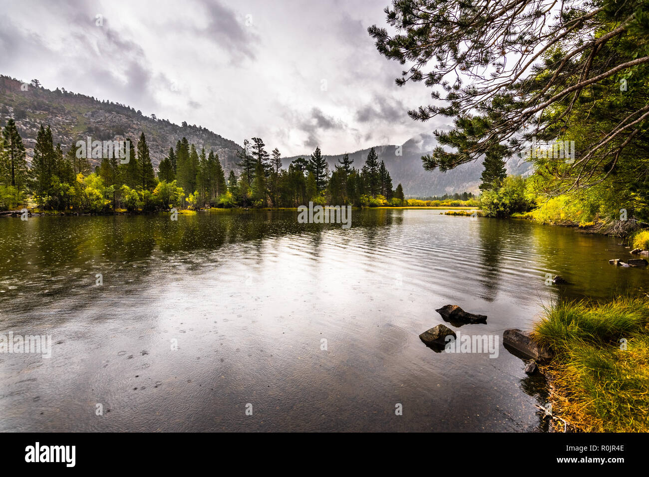 Silver Lake on a rainy autumn day; June Lake area, Eastern Sierra mountains, California Stock Photo