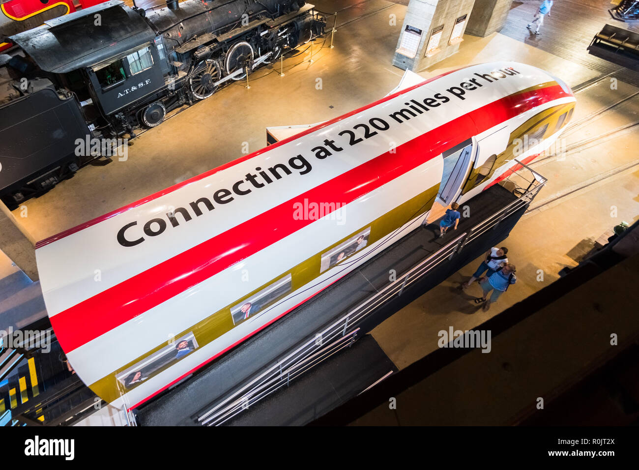 September 22, 2018 Sacramento / CA / USA - Aerial view of high speed train engine produced by Siemens, displayed at California State Railroad Museum Stock Photo