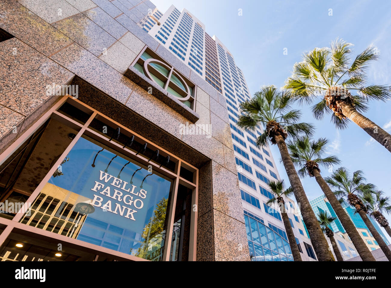 September 22, 2018 Sacramento / CA / USA - Wells Fargo Bank branch located in the Wells Fargo Center (the tallest building in the city) Stock Photo