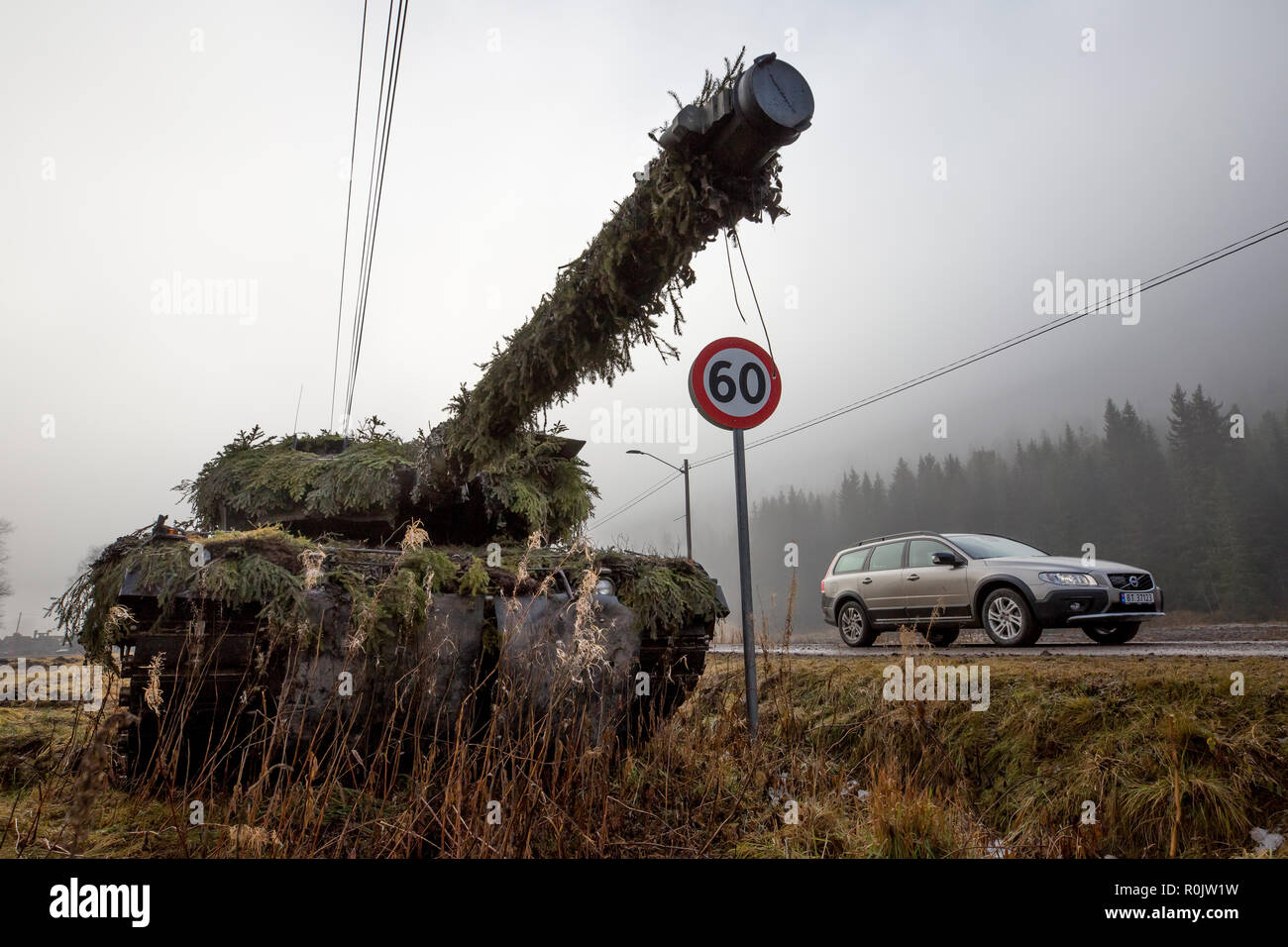 German main battle tank Leopard 2 securing the assembly area of the German battlegroup. NATO exercise Trident Juncture, in Norway, Engerdal, at November 03, 2018.     Photo: SGM Marco Dorow, German Army. Stock Photo