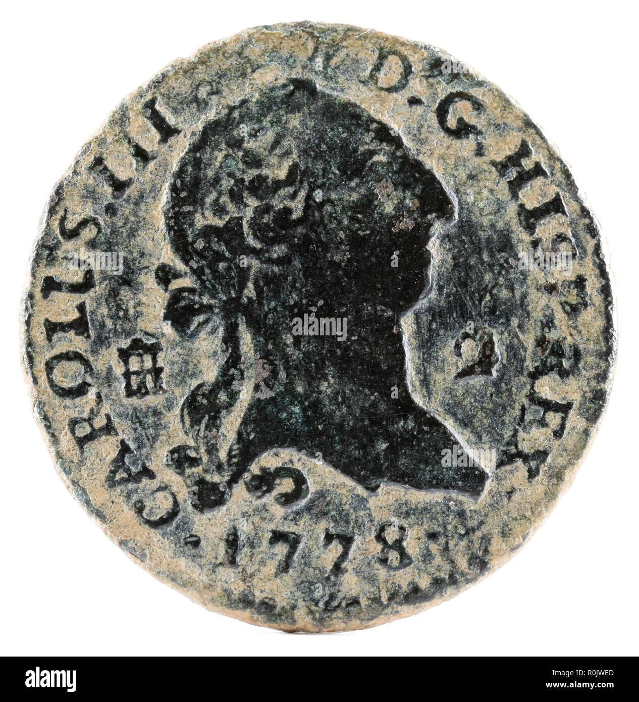 Ancient Spanish copper coin of the King Carlos III. 1778. Coined in Segovia. 2 Maravedis