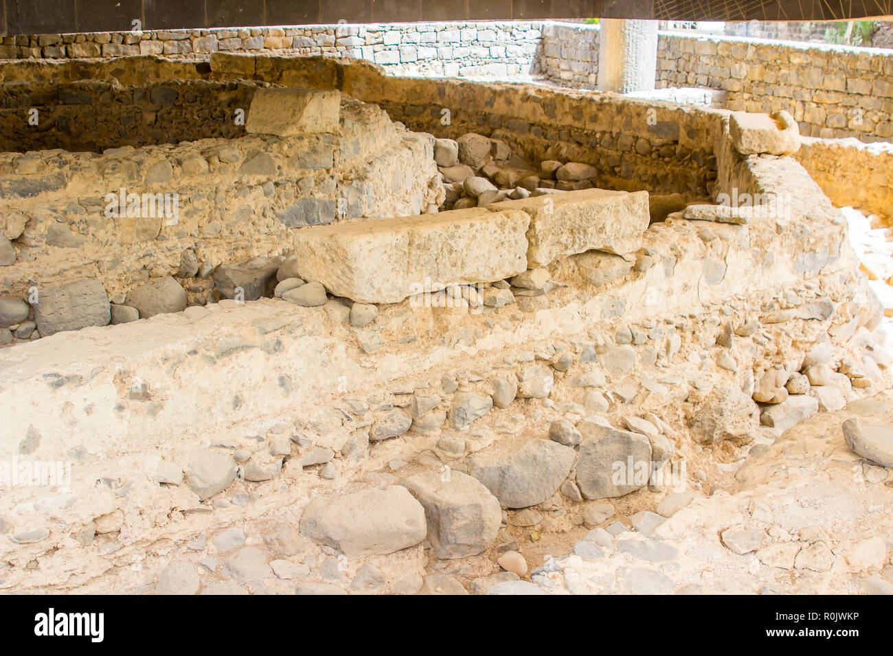 3 May 2018 The excavated ruins of what is believed to be St Peter's house iin the ancient town of Capernaum in Israel Stock Photo