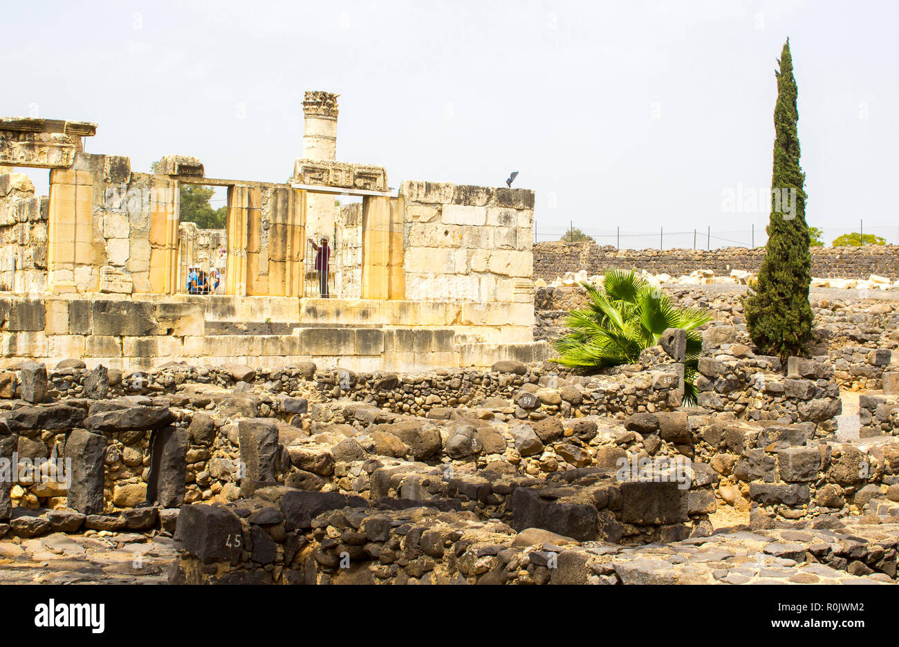 3 May 2018 The excavated ruins of a fist century Jewish Synagogue in the ancient town of Capernaum in Israel Stock Photo