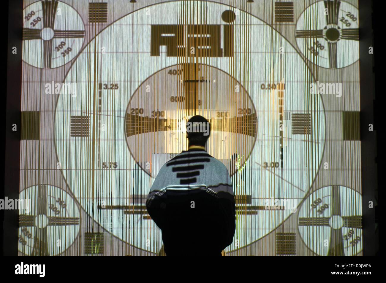 Milan, (Italy), Triennale contemporary art exhibition, artistic installation with RAI (Italian Radio and Television public company) old test pattern Stock Photo