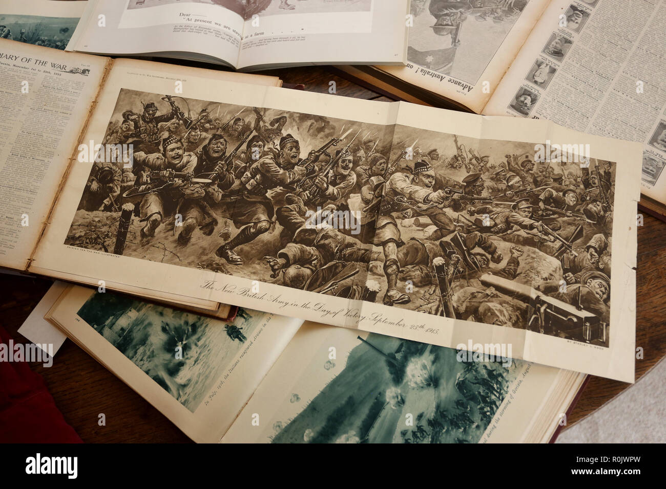 General views of The War Illustrated World War One Books and texts being read by an historian in Sussex, UK. Stock Photo