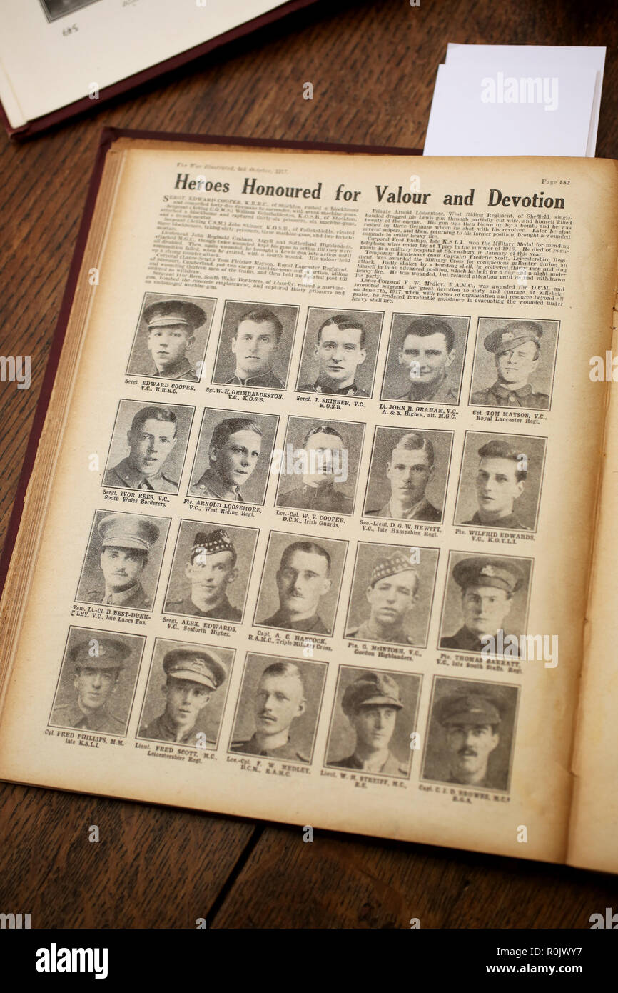 General views of The War Illustrated World War One Books and texts being read by an historian in Sussex, UK. Stock Photo