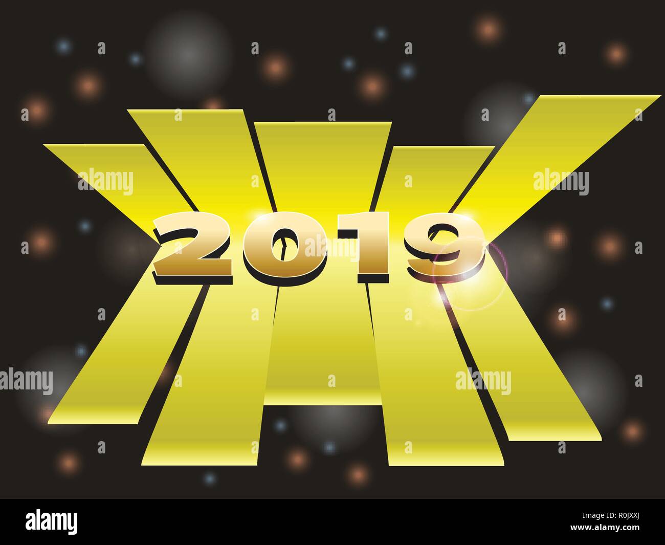 3D Illustration Of New Year 2019 Golden Numbers Over 3D Stripes On 3D Illustration Of New Year 2019 Golden Numbers Over 3D Stripes On