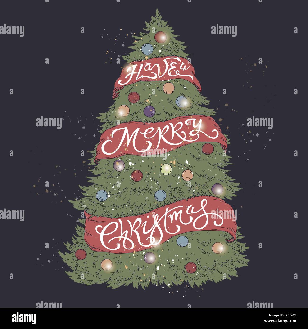 Brush lettering greeting placed in a color form of a decorated Christmas tree and saying Have a Merry Christmas Stock Vector