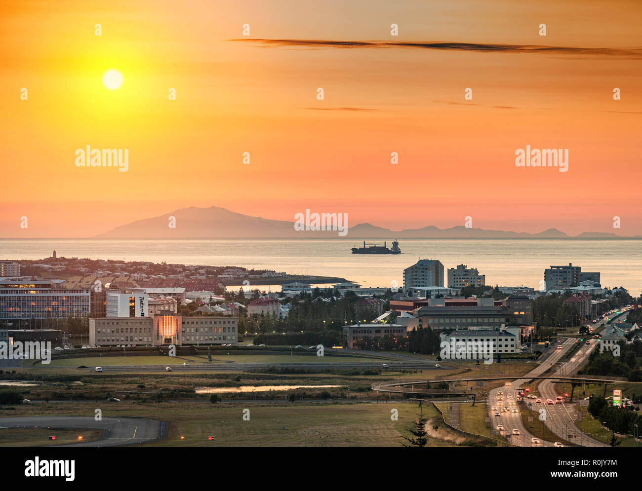 Sunset with Snaefellsjokull Glacier, Reykjavik, Iceland Stock Photo