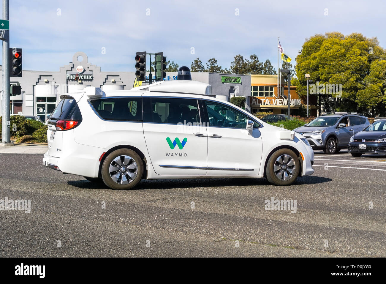 November 3, 2018 Mountain View / CA / USA - Waymo self driving car performing tests on a street in Silicon Valley Stock Photo