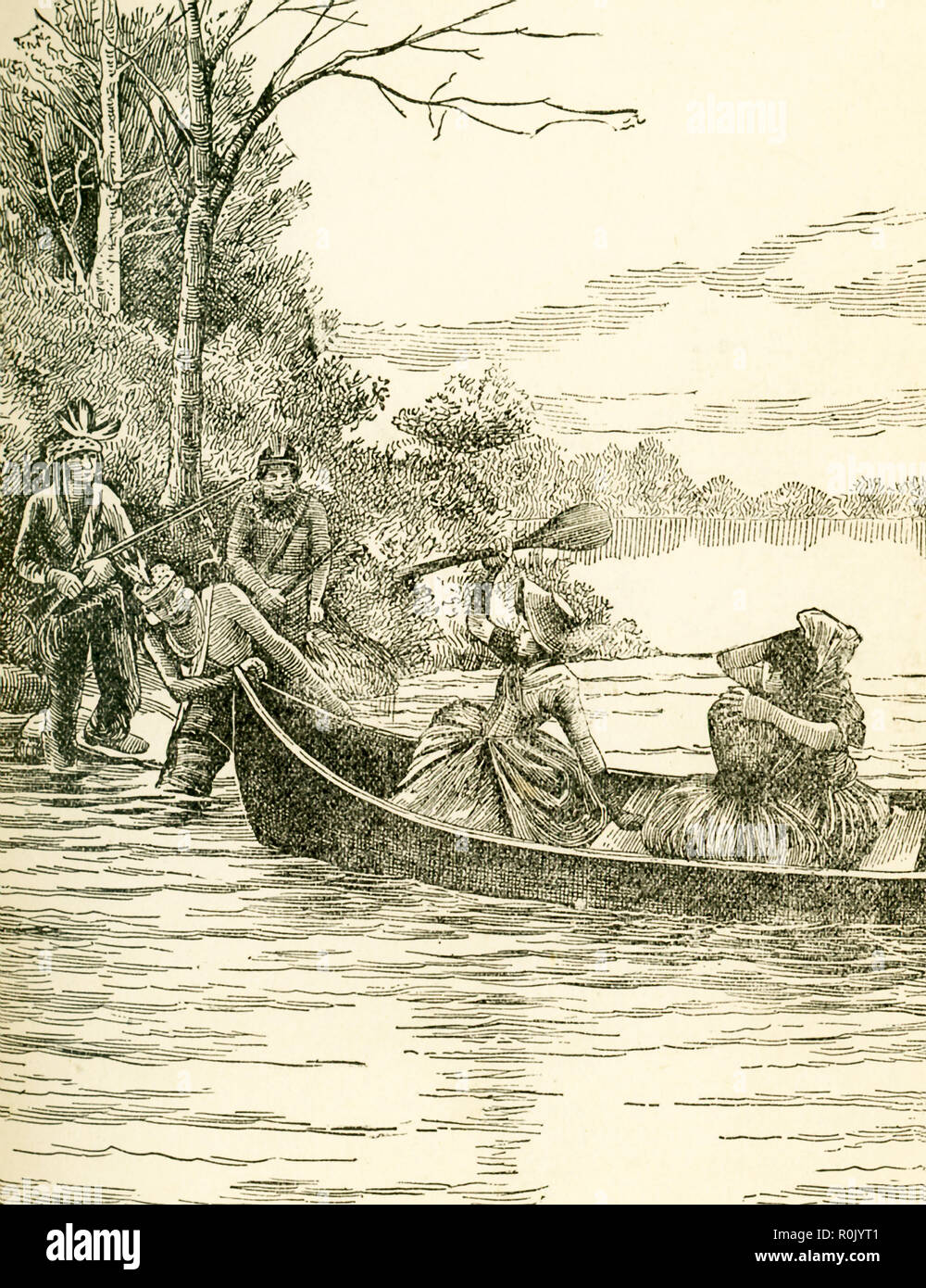 This illustration shows the capture of Miss Jemima Boone (sister of Daniel Boone) and her friends Betsy and Frances Callaway by Indians from Boonesborough. The girls were all about 14. The girls had been rowing along the river and saw a cluster of wild flowers and went toward the opposite shore to pick them. Their cries were heard  at the fort but too late and the canoe was the only means of crossing the river. Daniel Boone and Robert Callaway were away at the time. When they returned the next day, they and others set out and were able to track the Indians, who were now more than 30 miles away Stock Photo