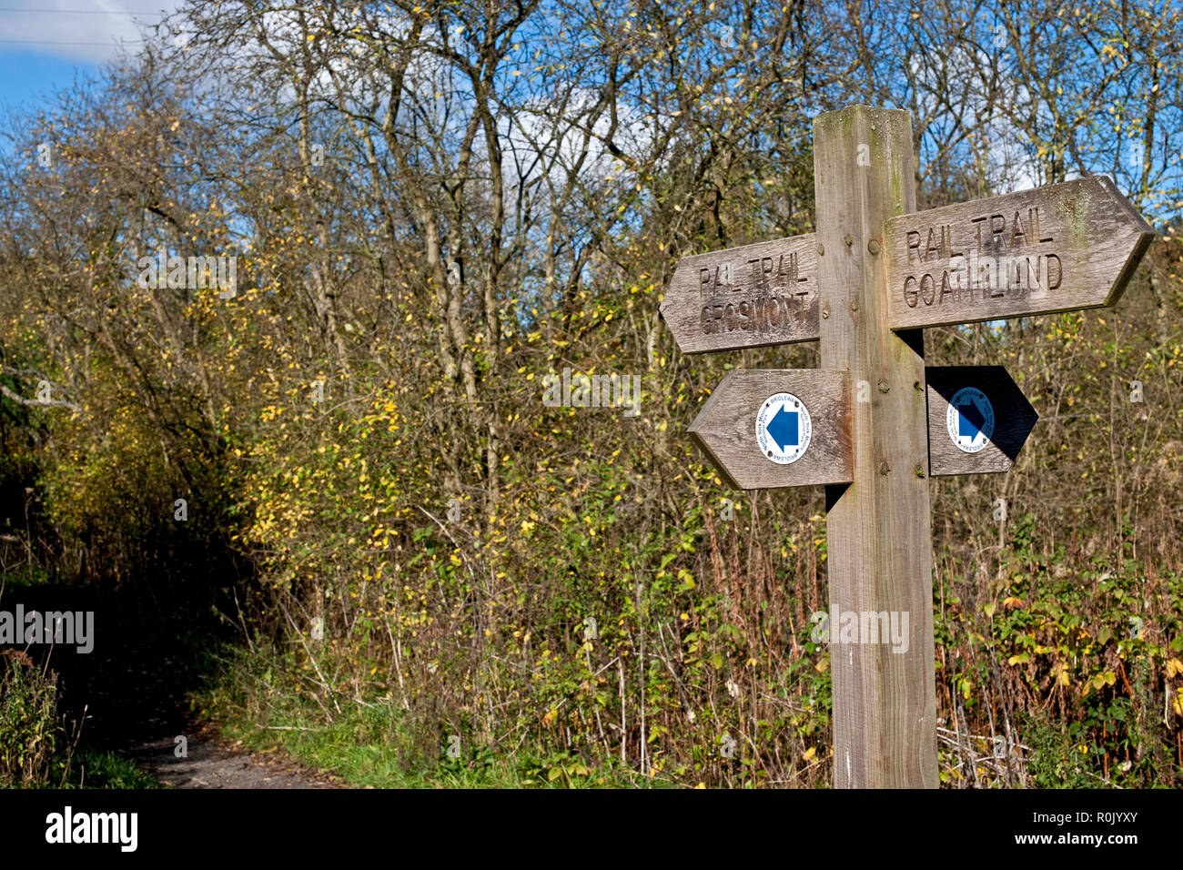 Rail trail signpost public footpath sign between Grosmont and Goathland North York Moors National Park North Yorkshire England UK United Kingdom Stock Photo