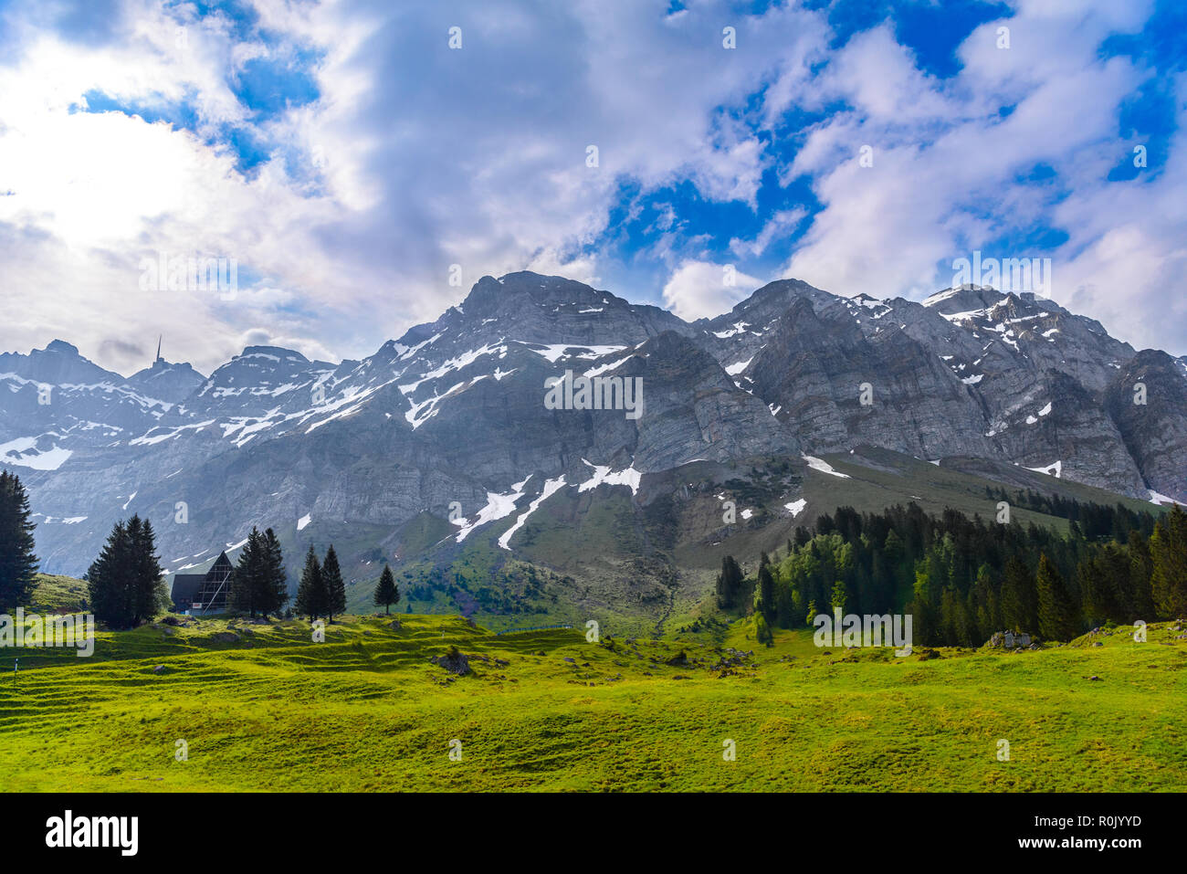 Alps mountains and fields, Schoenengrund, Hinterland, Appenzell Ausserrhoden Switzerland Stock Photo