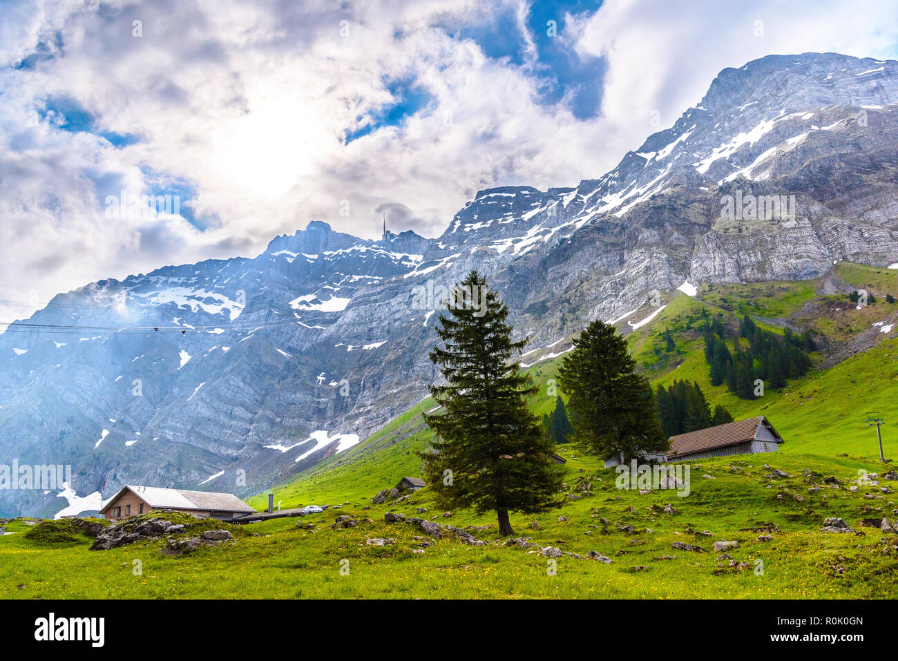 Alps mountains and fields, Schoenengrund, Hinterland, Appenzell Ausserrhoden Switzerland Stock Photo