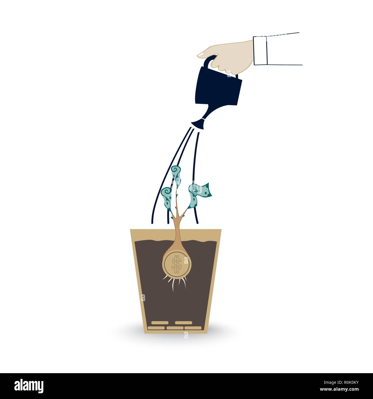 Hand of business person watering money tree in the pot. Making money, financial management concept. Stock Vector