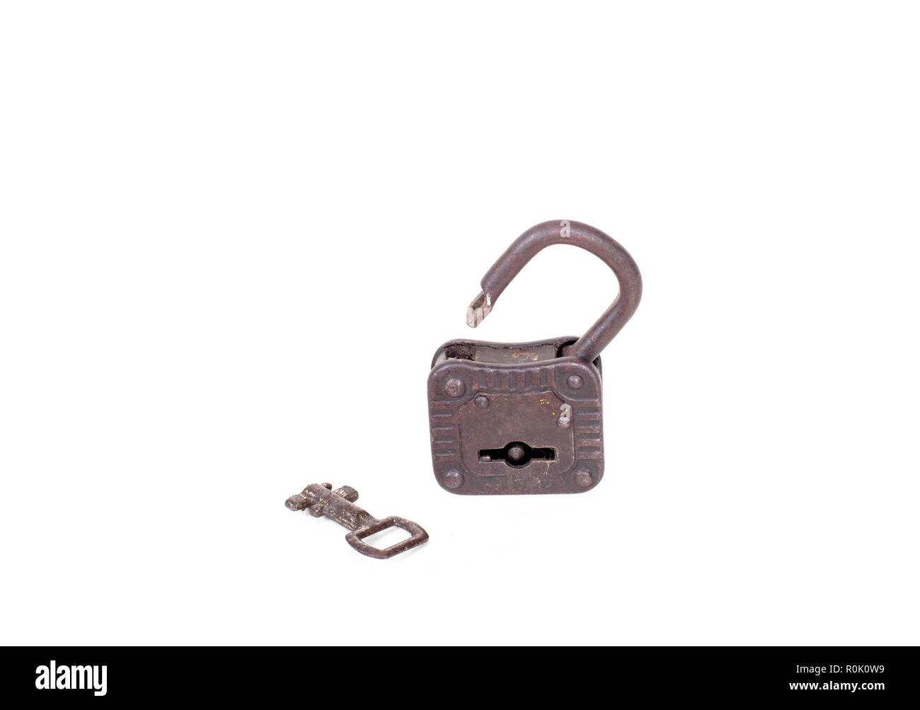 Vintage rusty padlock and key isolated on white background with copy ...