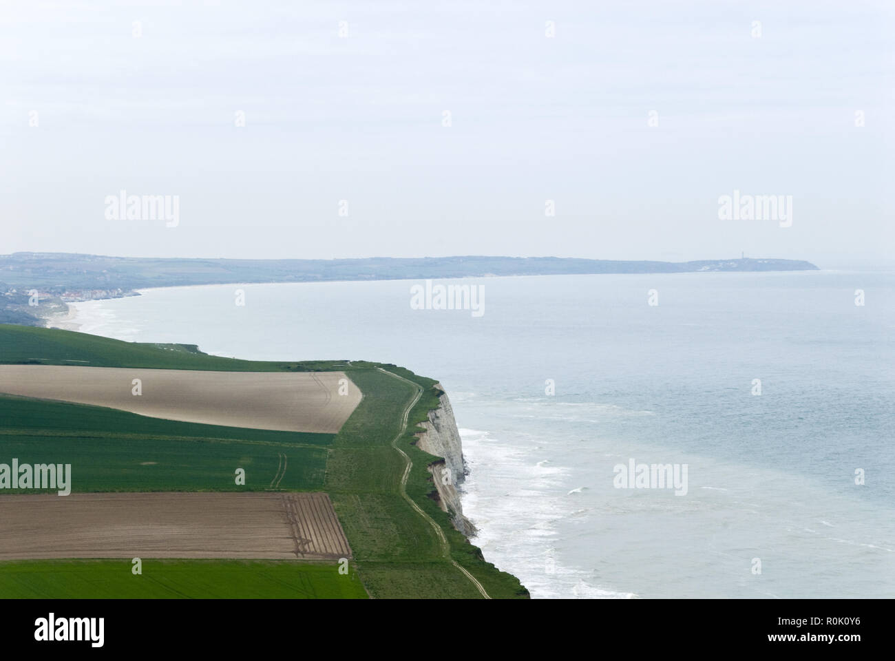 Hiking trails along English Channel coast, looking south toward Cap Gris Nez from Cap Blanc Nez, a cape on the Cote d'Opale, France. Stock Photo