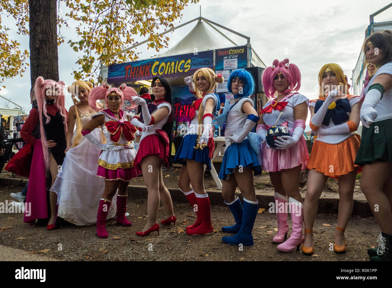 Participants posing for a photo at the Lucca comics & games, an annual comic book and gaming convention in the walled city of Lucca, Tuscany, Italy Stock Photo