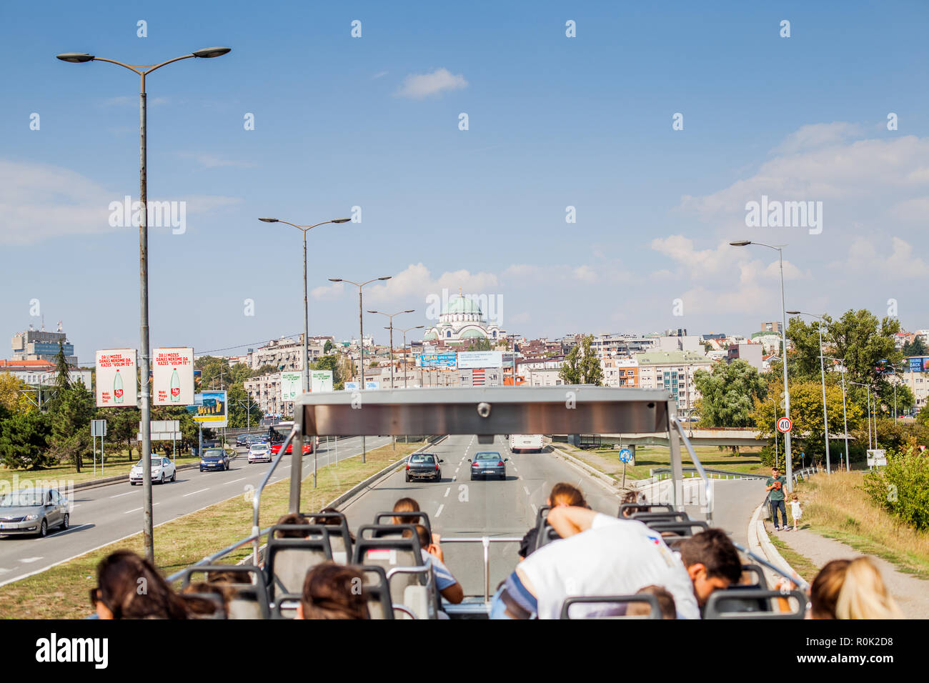 BELGRADE, SERBIA - SEPTEMBER 09, 2018 : Tourist look sights of Belgrade by sightseeing bus, travel by tour bus. Stock Photo