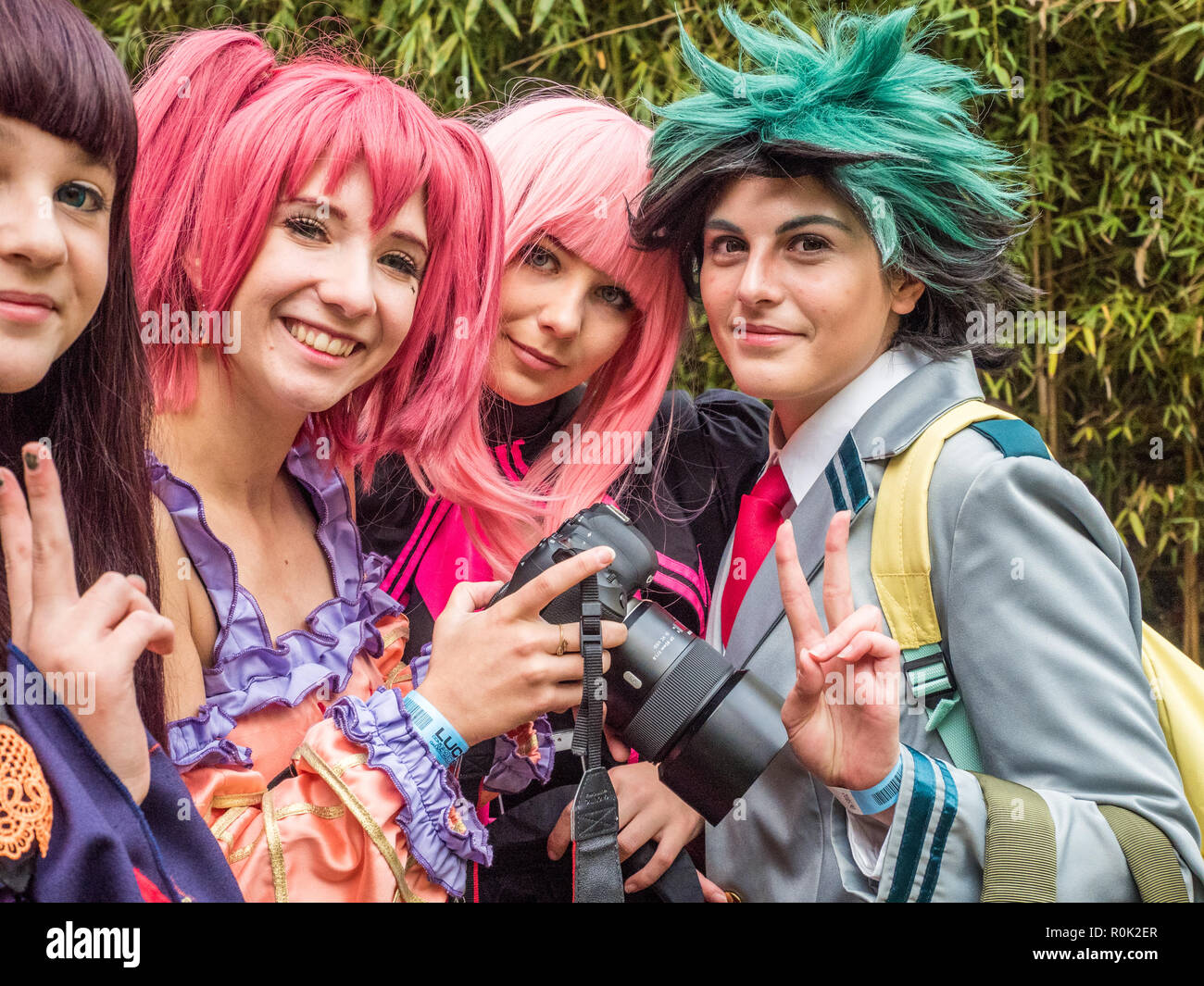 Friends with a camera at the Lucca comics & games, an annual comic book and gaming convention in Lucca, Tuscany, Italy. Stock Photo