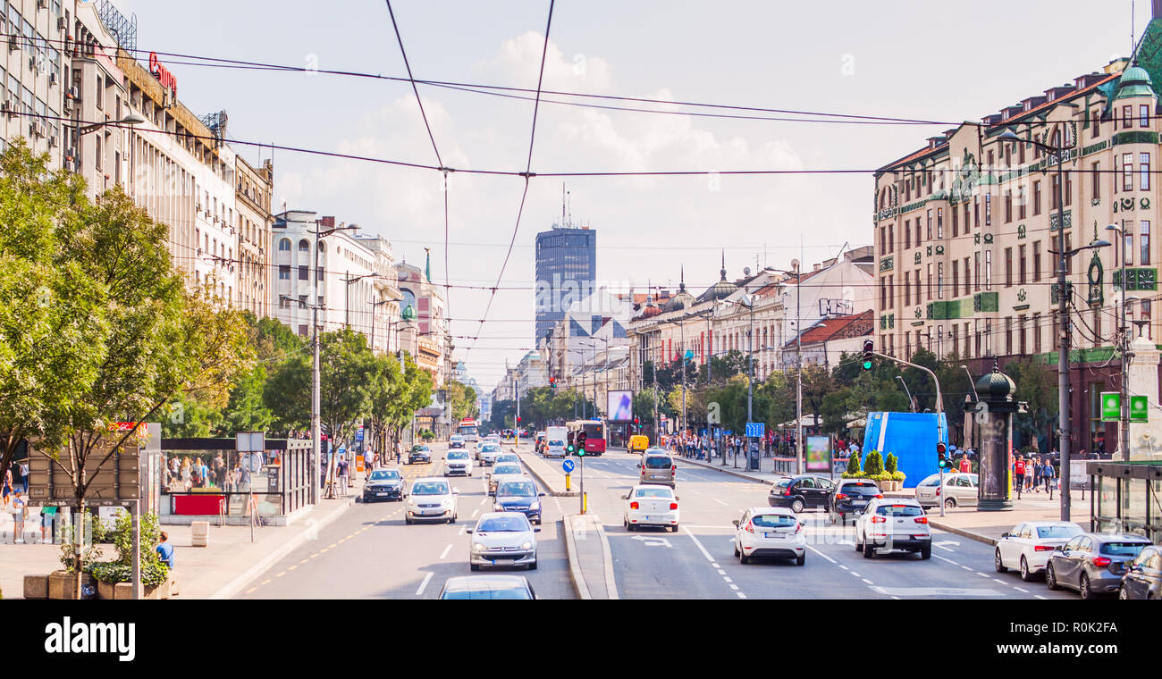 Belgrade city street view of traffic and buildings . Stock Photo