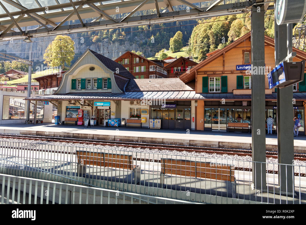 Lauterbrunnen, Jungfrau Region, Switzerland October 9, 2018 Lauterbrunnen train station Stock