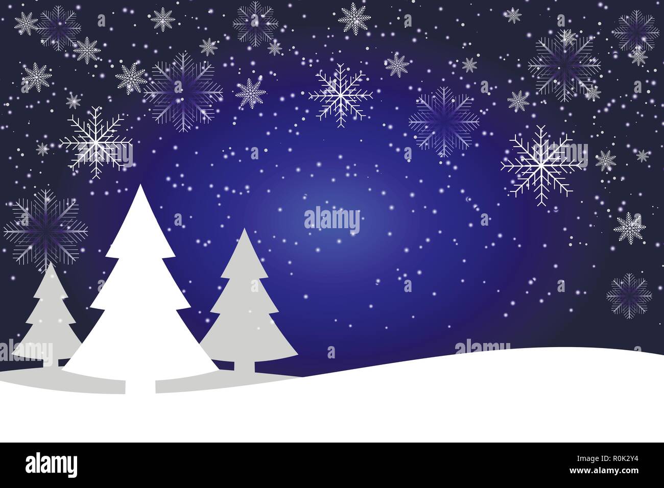 Vector illustration Winter snowy flat Mountains landscape with pines ...