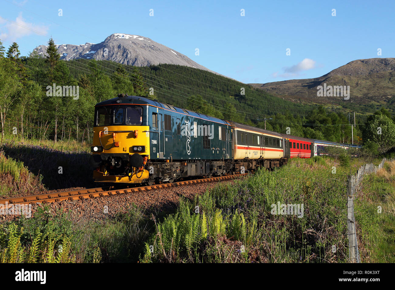 73966 heads past Torlundy with the Caledonian Sleeper service. Stock Photo