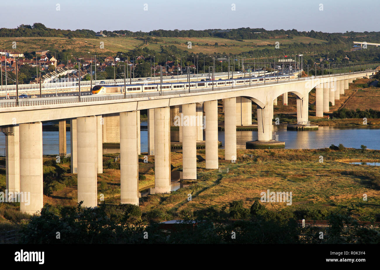 A Eurostar heads over the Medway viaduct. Stock Photo