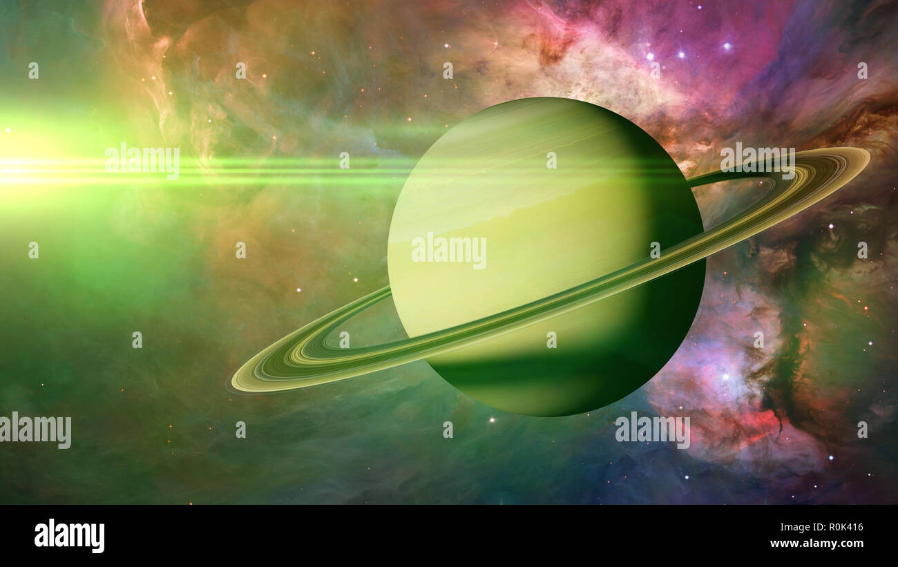 Saturn, the planet Saturn in front of a colorful nebula Stock Photo
