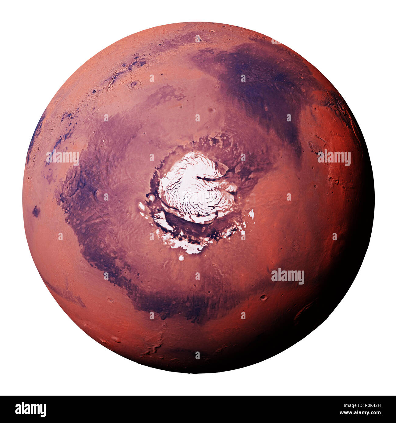Mars with the Red north polar ice cap, isolated on white