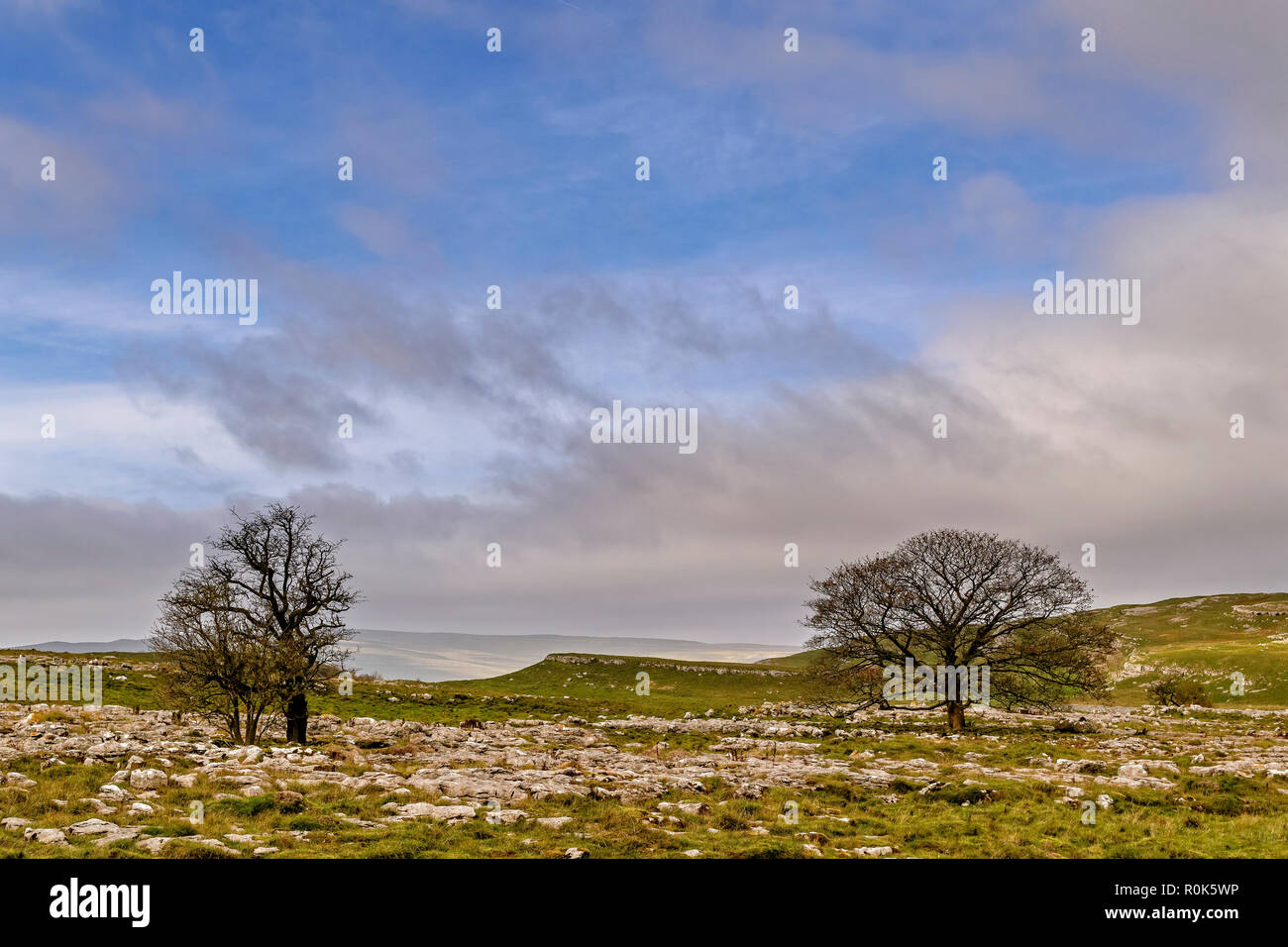 Looking across the Dales from the limestone pavement above Conistone on the Dales Way Stock Photo