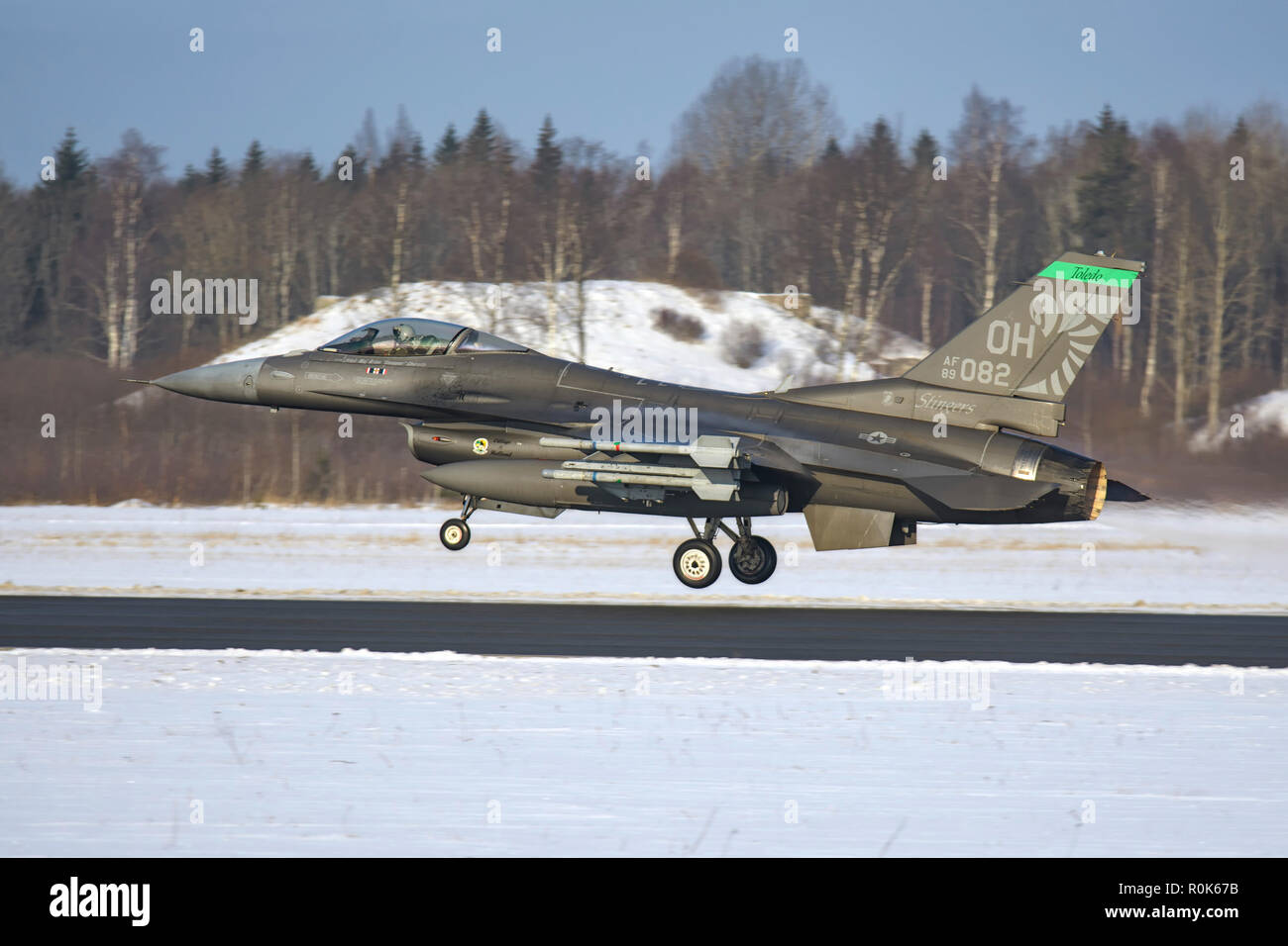 An F-16 from the 180th Fighter Wing, Air National Guard, landing at Amari Air Base, Estonia, in support of Operation Atlantic Resolve. Stock Photo