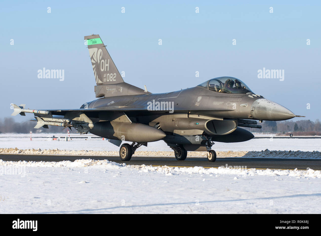 An F-16 from the 180th Fighter Wing, Air National Guard, taxiing on the runway at Amari Air Base, Estonia, in support of Operation Atlantic Resolve. Stock Photo