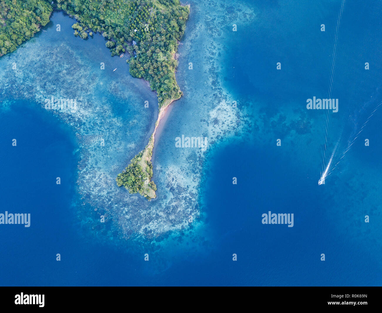 An aerial view of the beautiful scenery of Lembeh Strait shows healthy