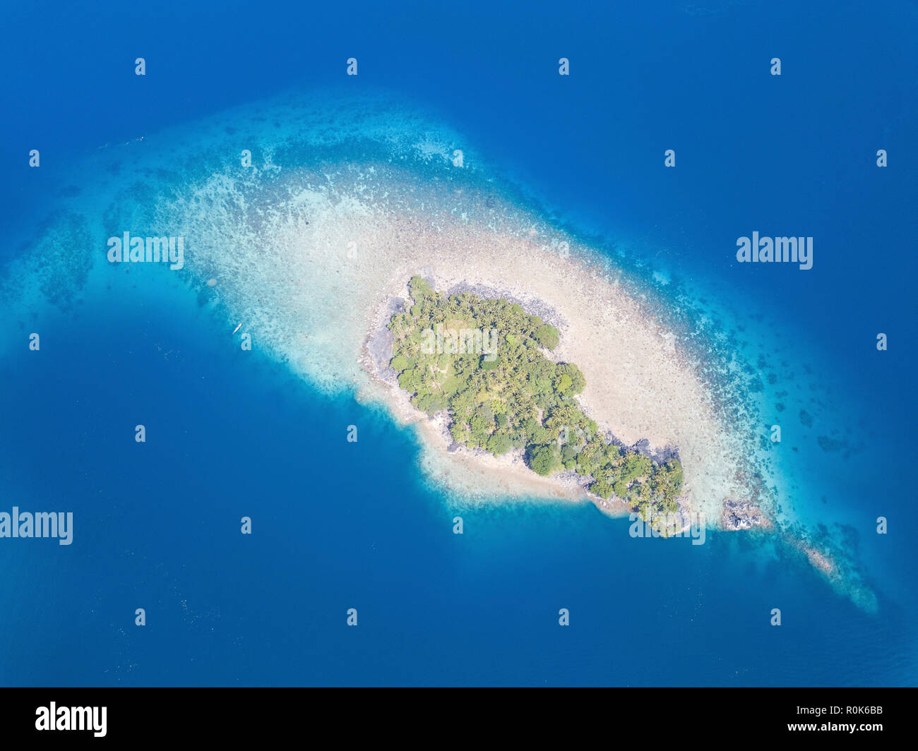 A beautiful coral reef grows around a remote island in the Banda Sea of