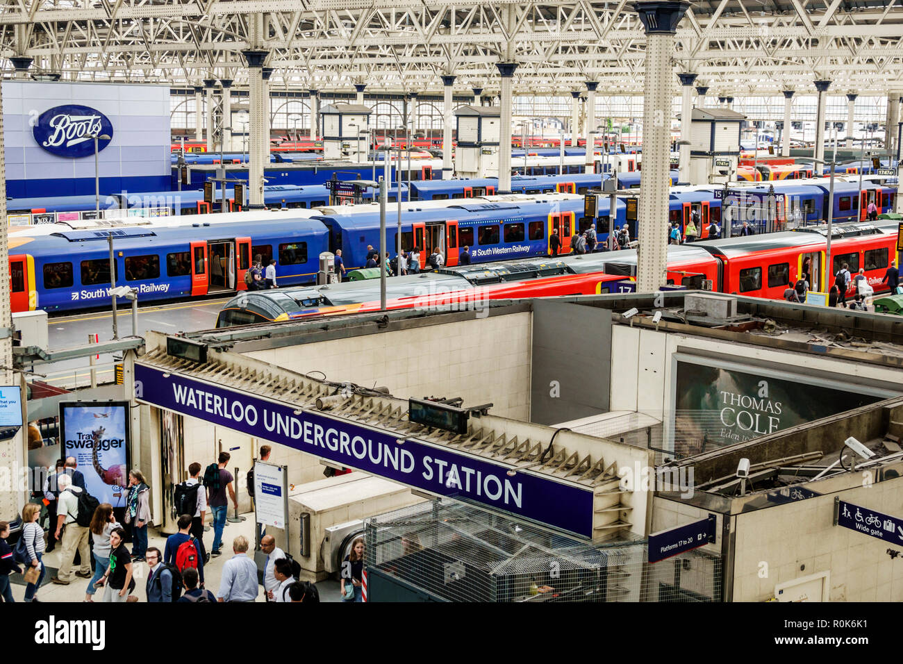 London England,UK,Lambeth South Bank,Waterloo Station,trains,railway,train shed,Underground Station train Tube entrance,National Rail network central Stock Photo