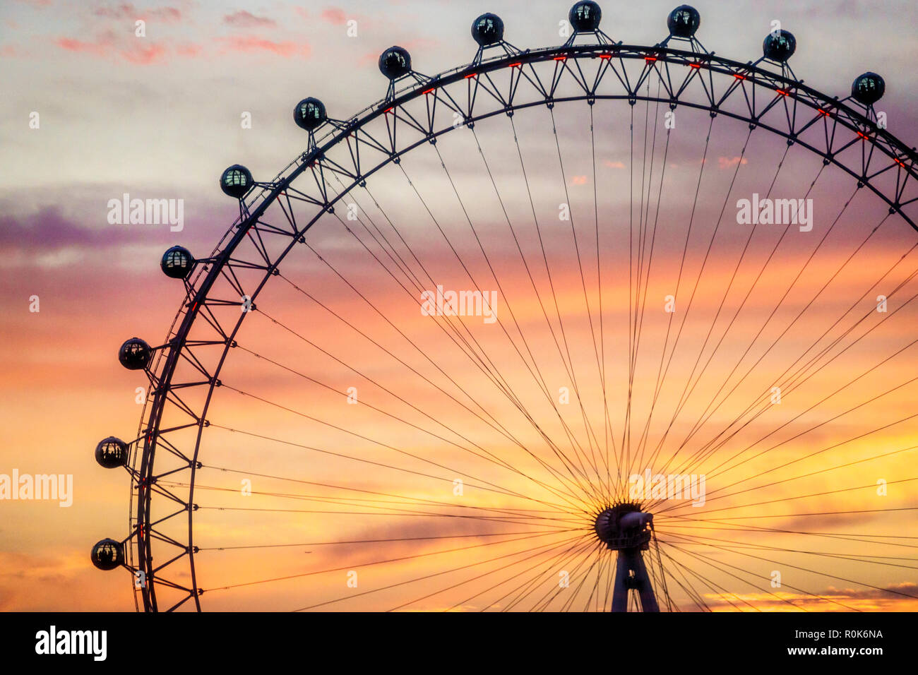 London England,UK,Lambeth South Bank,London Eye,giant Ferris wheel,observation wheel,attraction,Marks Barfield Architects,sunset,UK GB English Europe, Stock Photo