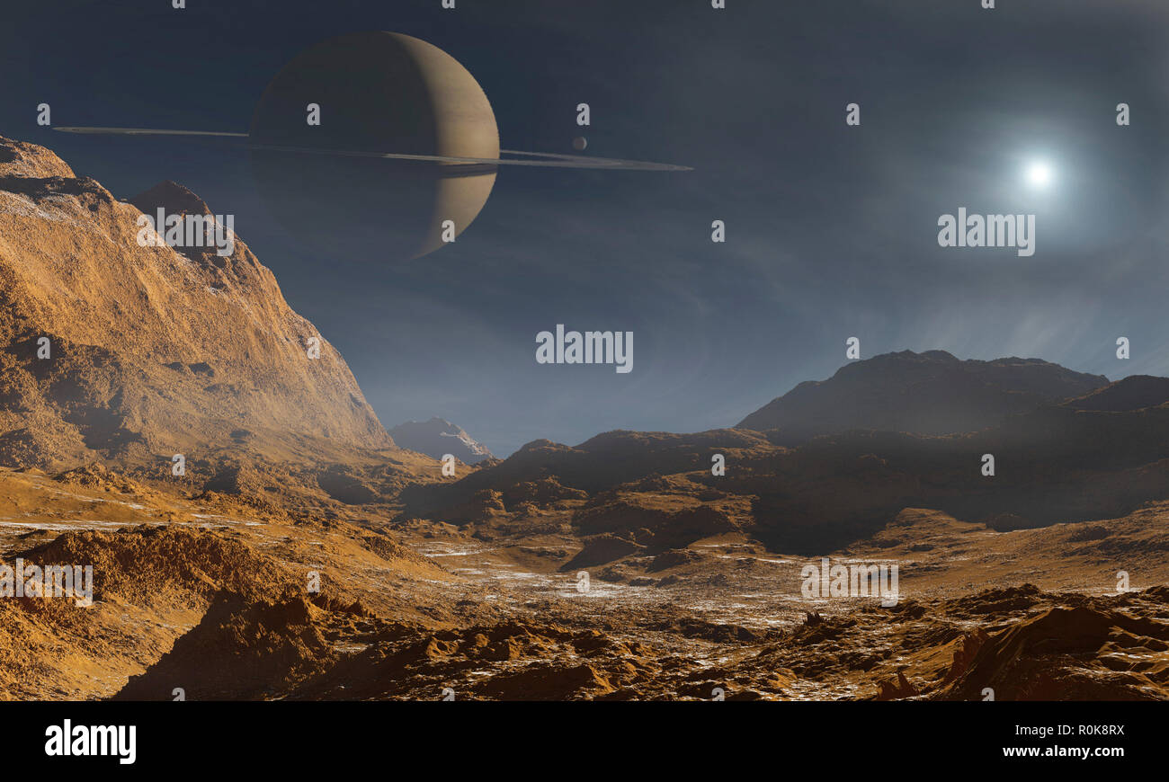 A ringed planet slices the skies of an alien moon Stock Photo - Alamy