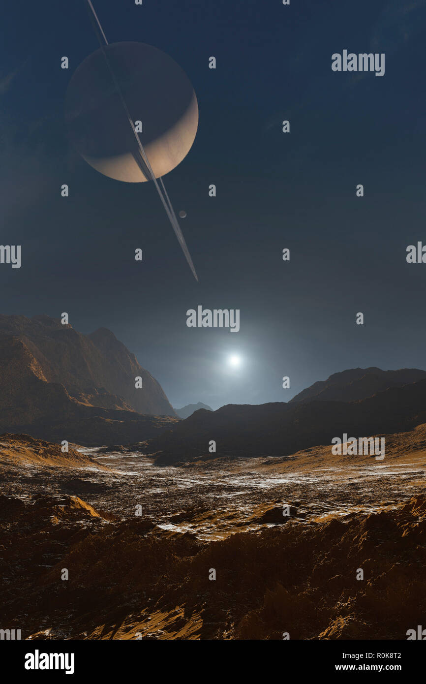 A ringed planet slices the skies of an alien moon Stock Photo - Alamy