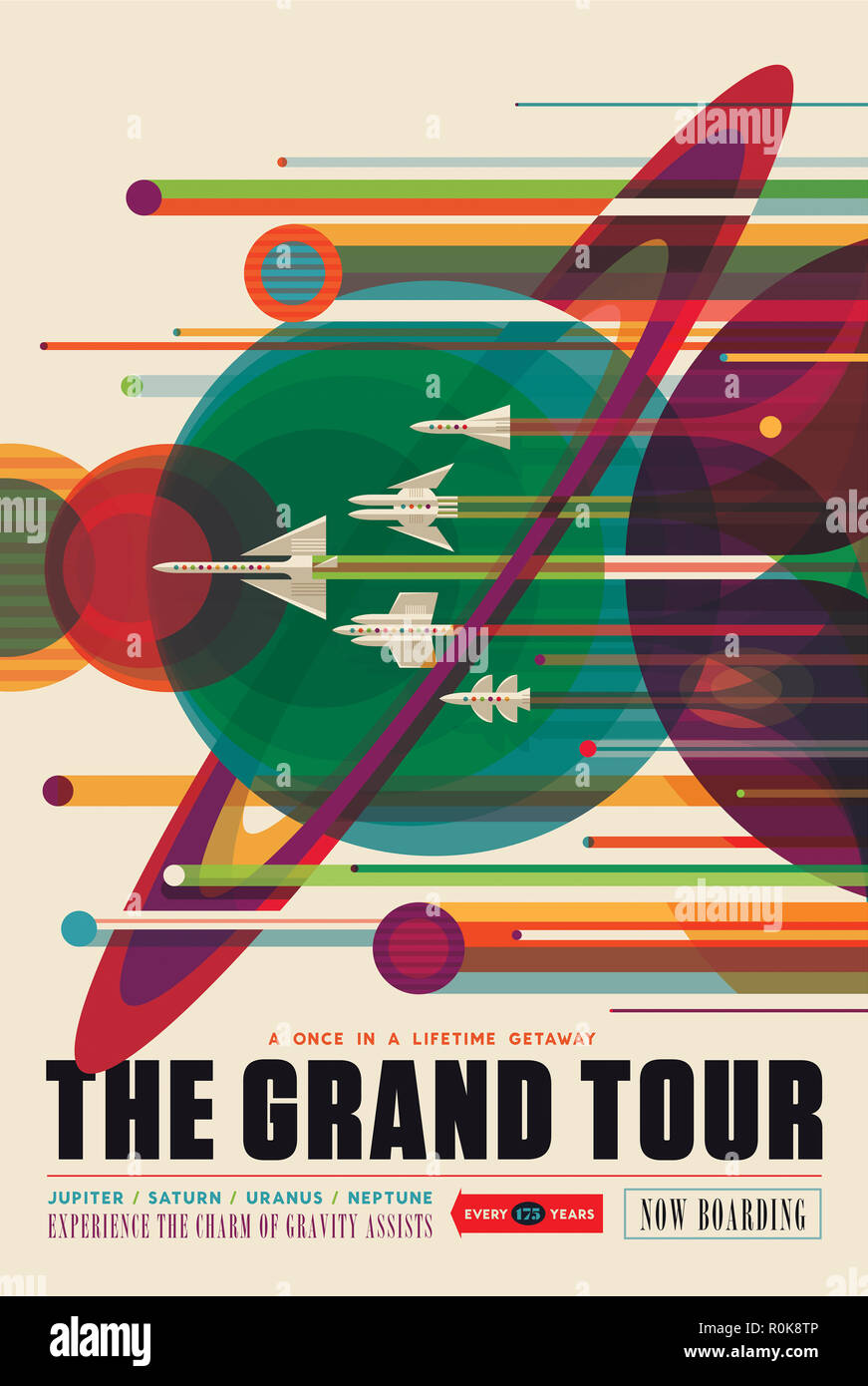 Retro space travel poster of a solar system grand tour aboard the Voyager spacecraft. Stock Photo